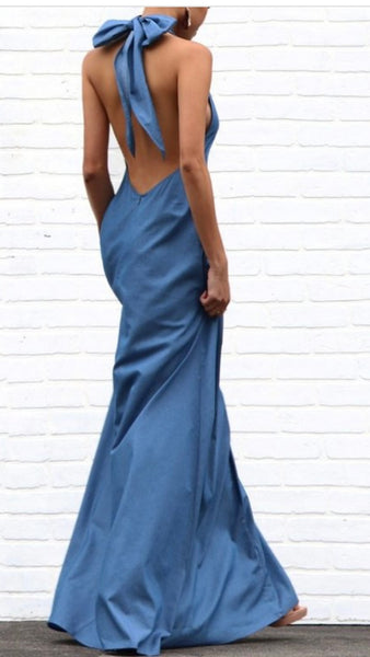 Long Denim Halter Maxi Dress