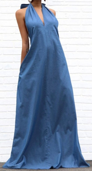 Long Denim Halter Maxi Dress