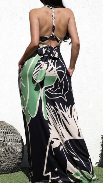 Long Dress Green Print Halter Neck Low Back Backless