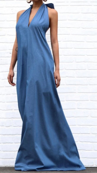 Long Denim Halter Maxi Dress