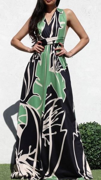 Long Dress Green Print Halter Neck Low Back Backless