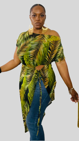 Mesh Palm  Print Asymmetrical Top