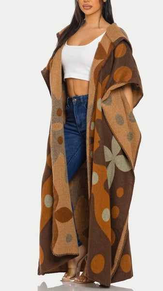 Katrina Cozy Hoodie Long Poncho (Brown)
