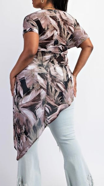 Mesh Tropical Print Asymmetrical Top (Curvy)