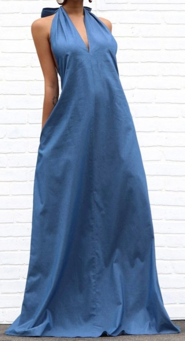 Long Denim Halter Maxi Dress