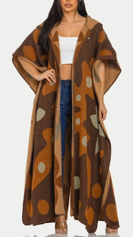 Katrina Cozy Hoodie Long Poncho (Brown)