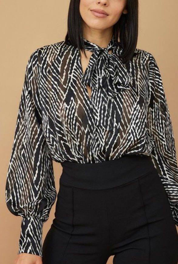 Printed Bodysuit w/ Neck Tie