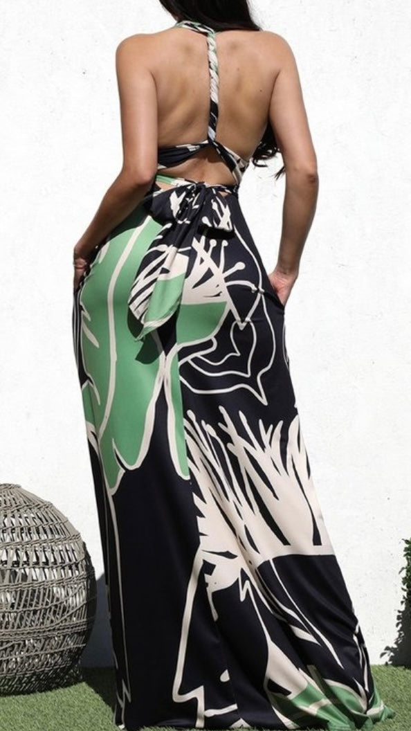 Long Dress Green Print Halter Neck Low Back Backless