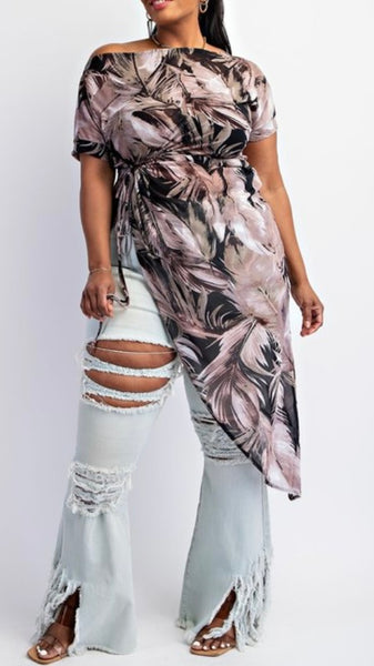 Mesh Tropical Print Asymmetrical Top (Curvy)