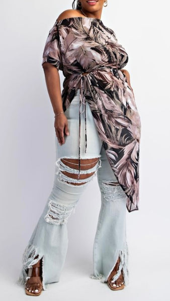 Mesh Tropical Print Asymmetrical Top (Curvy)