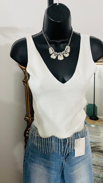 White Fringe Bling Tank top