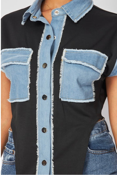 Chic Contrast Denim Crop Top