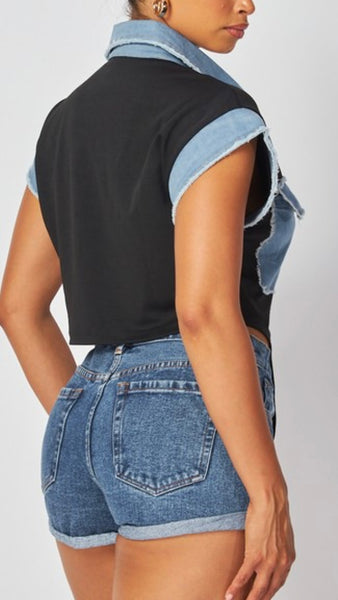 Chic Contrast Denim Crop Top