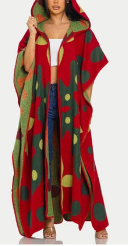 Katrina Cozy Hoodie Long Poncho (Burgundy)