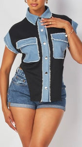 Chic Contrast Denim Crop Top