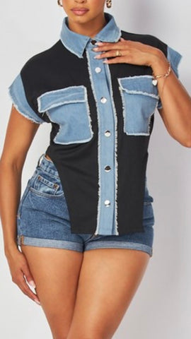 Chic Contrast Denim Crop Top