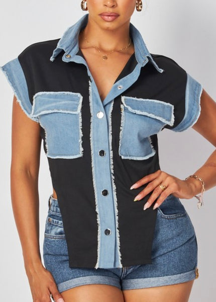 Chic Contrast Denim Crop Top