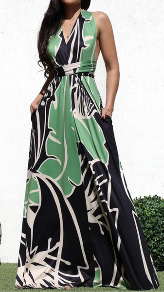Long Dress Green Print Halter Neck Low Back Backless