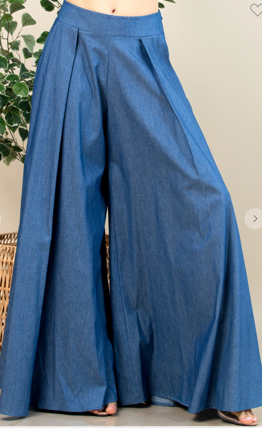 Denim Custom Print Wide Leg Palazzo Pants