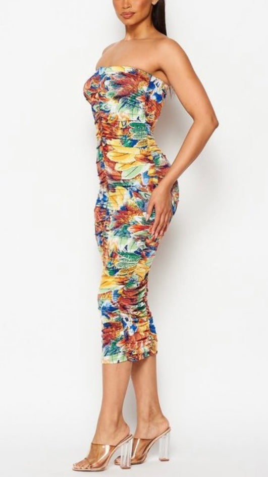 Floral Ruched Midi Tube Dress
