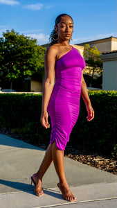 Purple One Shoulder Ruched Midi Dress