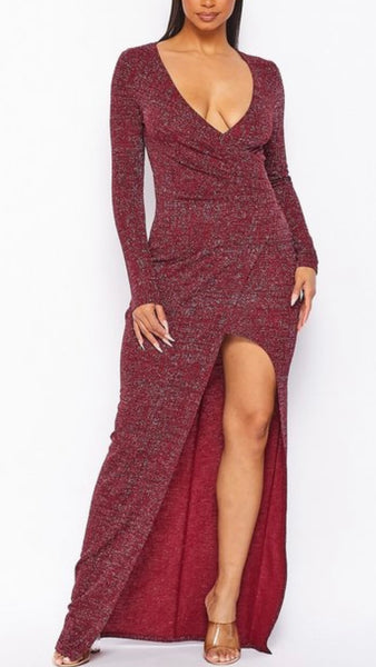 Burgundy Faux Wrap Dress