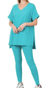Short Cuff Sleeve V-Neck 2pc Set